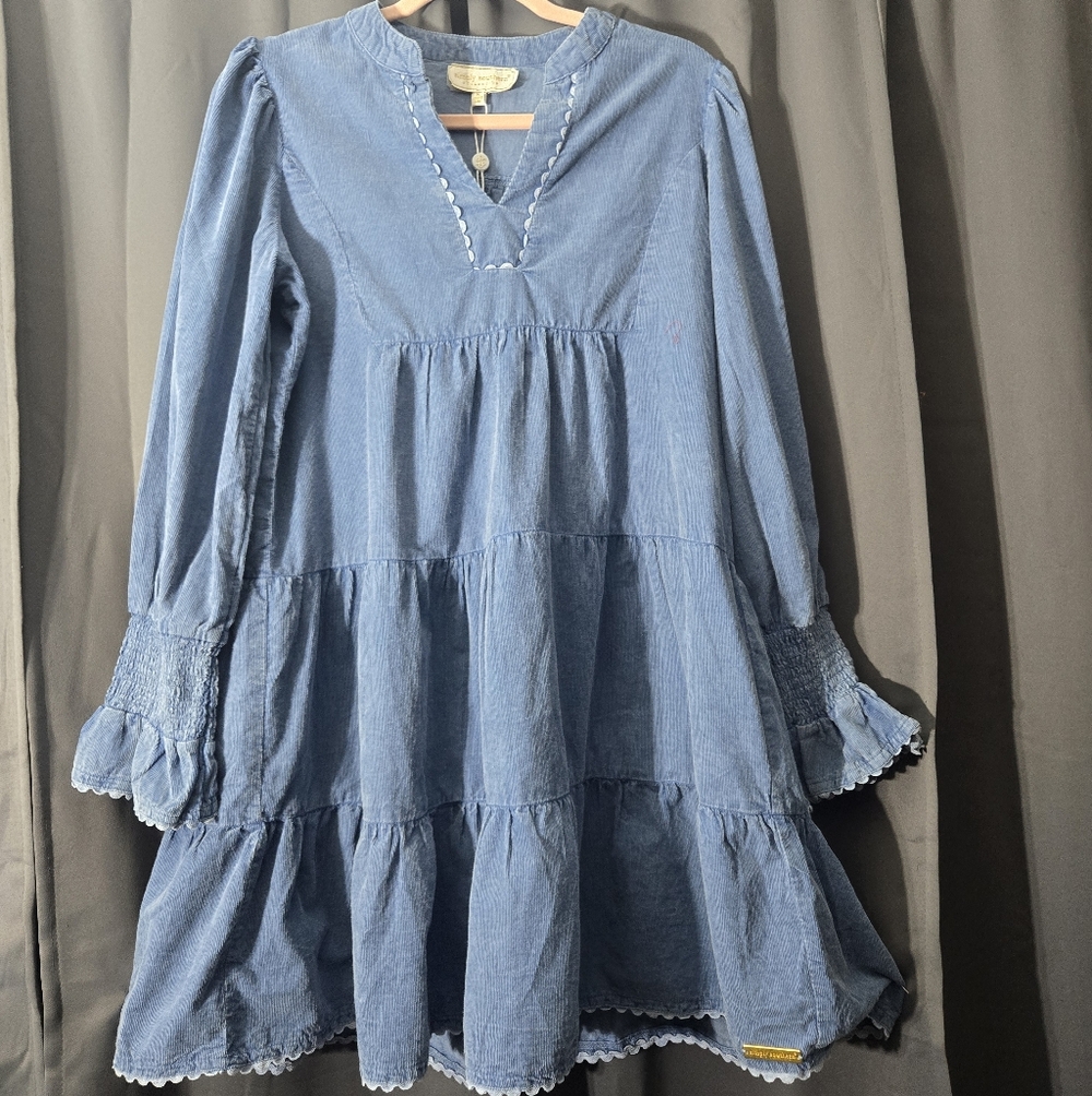 NWT Simply Southern Babydoll V-neck Blue Coduroy Dress Small 100% Cotton